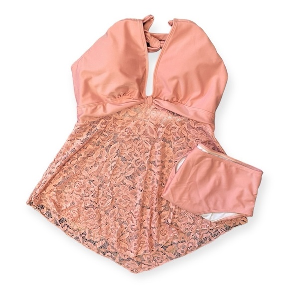 Women’s Two Piece Pink Swim Set Bikini Tankini Lace New Large - Picture 1 of 12